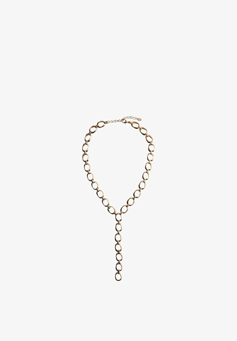 Collier chaîne en or avec de grandes mailles ovales formant un Y, doté d'un fermoir réglable et d'une chaîne pendante.