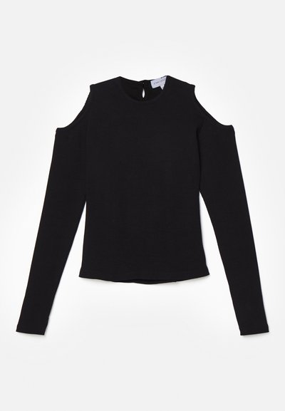 Schwarzes Langarmshirt mit ausgeschnittenen Schultern, aus weichem Stoff. Mit Rundhalsausschnitt und einer Schlüsseleinschlussöffnung im Rücken.