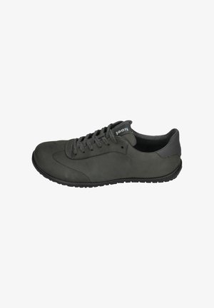 Dark gray lace-up shoes featuring a smooth leather upper, rounded toe, low-profile rubber sole, and textured accents on the side.