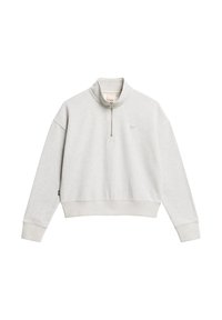 Sudadera corta gris claro con cuello alto y cierre de media cremallera. Cuenta con puños acanalados y un pequeño logo en el pecho. Textura de tejido suave.