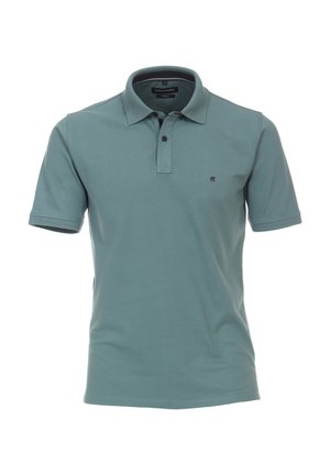 Korte mouwen polo shirt in gedempt teal, gemaakt van een katoenmix. Bevat een tweeknoopsluiting en een geborduurd logo op de linkerborst.