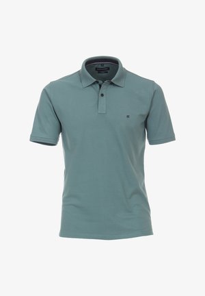 Korte mouwen polo shirt in gedempt teal, gemaakt van een katoenmix. Bevat een tweeknoopsluiting en een geborduurd logo op de linkerborst.
