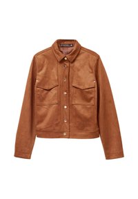 Veste en faux daim marron avec col, deux poches poitrine, fermeture à boutons-pression et coupe courte. Texture lisse, sans motifs.