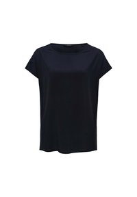 Top blu navy a maniche corte realizzato in tessuto liscio, caratterizzato da un collo rotondo e una vestibilità comoda con orlo dritto e senza motivi visibili.