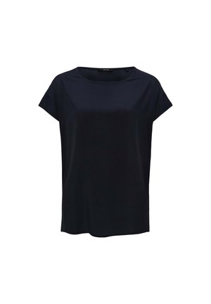 Navy blue short-sleeve top made of smooth fabric, featuring a round neck and a relaxed fit with straight hem and no visible patterns.