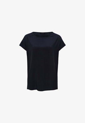 Haut à manches courtes bleu marine en tissu lisse, avec un col rond et une coupe décontractée, à ourlet droit et sans motifs visibles.