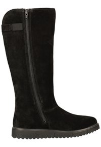 Bota de ante negra hasta la rodilla con cremallera lateral y suela de goma texturizada, con puntera redondeada y detalles de costura mínimos.