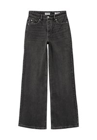 Czarne dżinsy z szerokimi nogawkami i wysokim stanem, z dwoma przednimi kieszeniami, zapięciem na guzik oraz widocznym przeszyciem wzdłuż szwów.