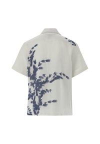Kurzarmhemd aus hellem Creme-Stoff mit einem marineblauen botanischen Muster. Klassischer Kragen und lockere Passform mit geradem Saum.