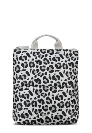 Borsa tote con stampa leopardata bianca e nera, dotata di due manici corti e chiusura con cerniera superiore.