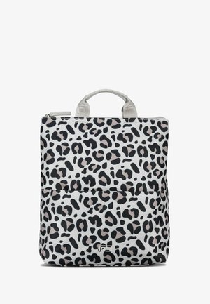 White and black leopard print tote bag with two short handles and a top zipper closure.