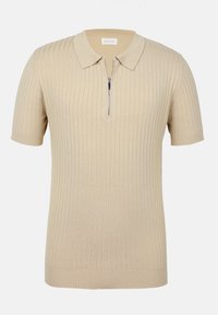 Kurzärmeliges Polohemd in Beige, mit gerippter Textur und einem Reißverschlusskragen zur Schließung. Weicher Stoff mit subtilen Musterdetails.