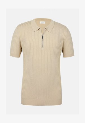 Polo shirt à manches courtes en beige, avec une texture côtelée et un col zippé pour la fermeture. Tissu doux avec un subtil motif.