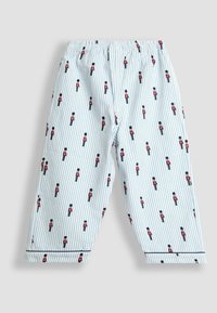 Bavlnené pyžamové nohavice so svetlo modrými a bielymi pruhmi, s opakujúcim sa vzorom s náčelníkom v červenej a čiernej farbe. Vybavené elastickým pásom.