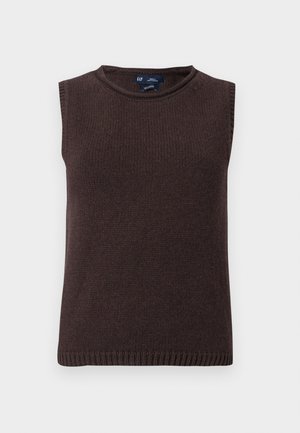 Varrukateta tumepruun kudumvest ümar kaelusega, soonikkoega äärega ja väikse suurusetiketiga kaeluse tagaküljel sees.