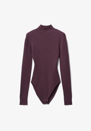 Langärmliger Body aus dunkelviolettem Rippstoff, mit einem Stehkragen und Druckknopfverschluss am unteren Ende. Eng anliegende Silhouette.