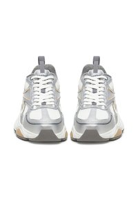 Sporta apavi ar sietveida augšdaļu, sudraba, baltas un beidz krāsas akcentiem, apaļu purngalu, mīkstu mēli un rakstainu gumijas zoli.