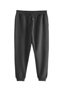 Schwarze Jogginghose aus einem weichen, dehnbaren Stoff mit elastischem Bund und verstellbarem Kordelzug; schmal zulaufende Säume an den Knöcheln.