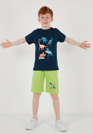 Punapealine poiss seisab käed laiali, tal on seljas tumesinine särk värviliste dinosaurustega ja eredalt rohelised lühikesed püksid dinosauruse mustriga.