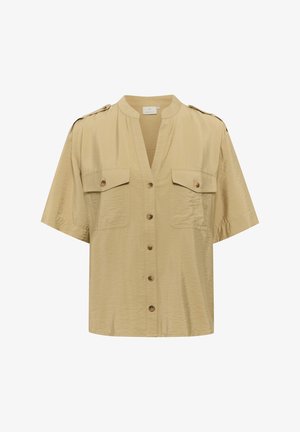 Trumpas, šviesiai rudas marškinėliai su trumpomis rankovėmis, pagaminti iš lengvos medžiagos, turintys V formos iškirptę, dvi krūtinės kišenes ir sagų detalizaciją. Kasdieniška ir laisva konstrukcija.