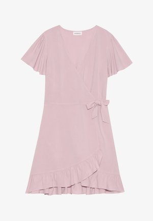Pink wrap dress in lightweight fabric with flutter sleeves, a tie waist, and a ruffled hemline. Smooth texture, feminine silhouette.