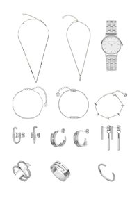 Collection of silver jewelry including two necklaces, a wristwatch, three bracelets, three pairs of earrings, and three rings on a white background.