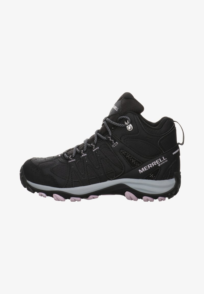 Black hiking shoe with a synthetic upper, textured finish, mesh panels, rubber sole, and lavender accents on the outsole.