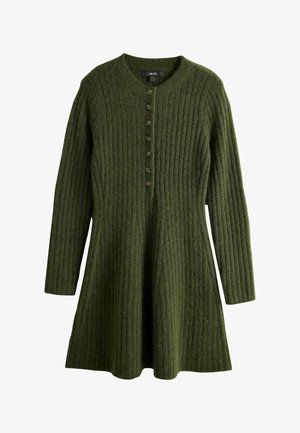 Langärmeliges olivgrünes, geripptes Strickkleid mit rundem Ausschnitt und sieben Knöpfen in der vorderen Mitte.