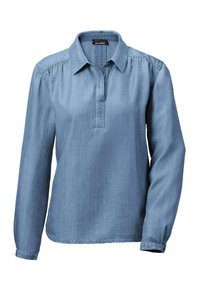 Helle blaue Denim-Bluse mit langen Ärmeln, Kragen und halber Knopfleiste. Glatte Textur mit dezenten Nähten an den Schultern.