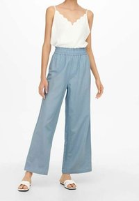 Ljusblå vida byxor med resårmidja, tillsammans med en vit topp med scallopkant och vita sandaler. Slät, avslappnad textur.