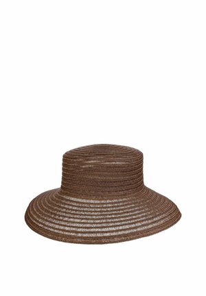 Brown wide-brimmed woven sun hat with a round flat top and concentric circular patterns.