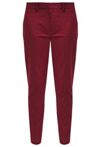 Pantalon habillé bordeaux slim avec passants de ceinture et poches avant, présenté de face sur fond blanc.