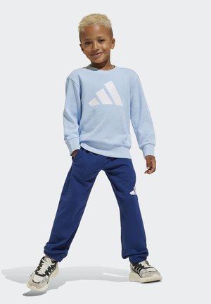 Niño joven de pie con confianza, con las manos en los bolsillos, vistiendo sudadera azul claro, pantalones deportivos azul oscuro y zapatillas negras y blancas.