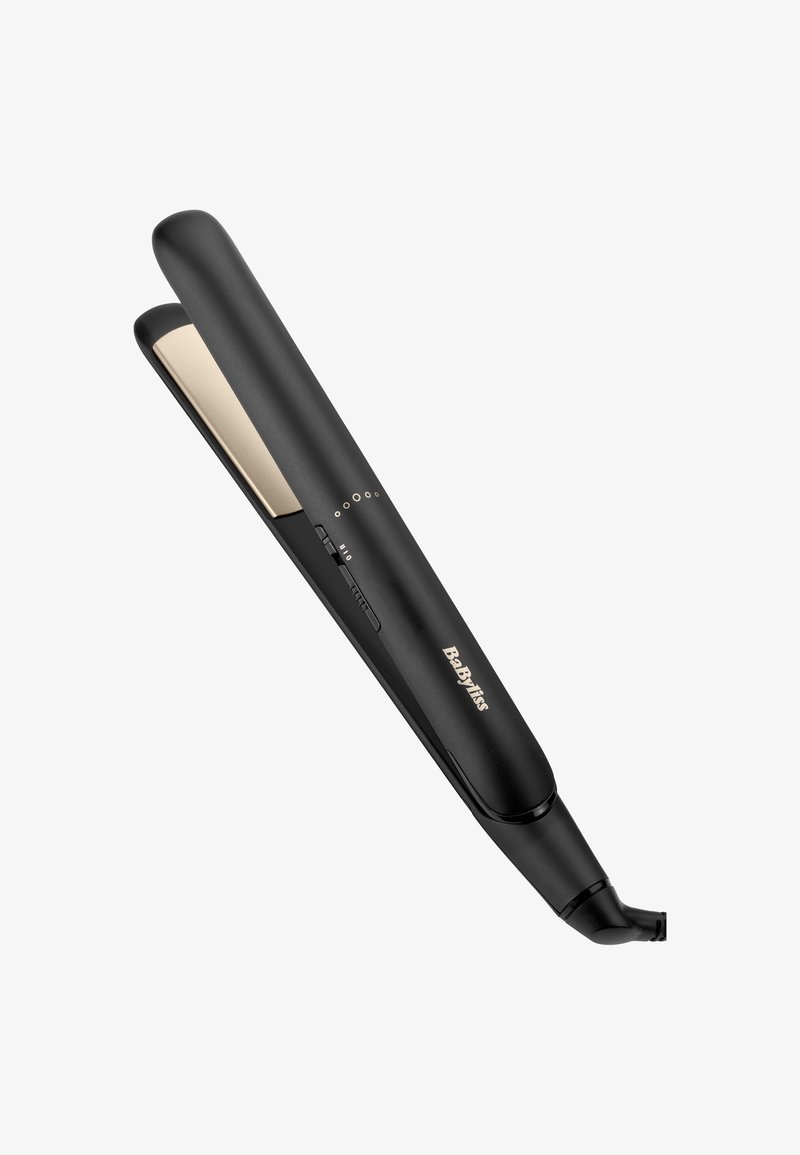 Lisseur à cheveux BaByliss noir avec plaques chauffantes dorées et interrupteur de contrôle de la température sur fond blanc.
