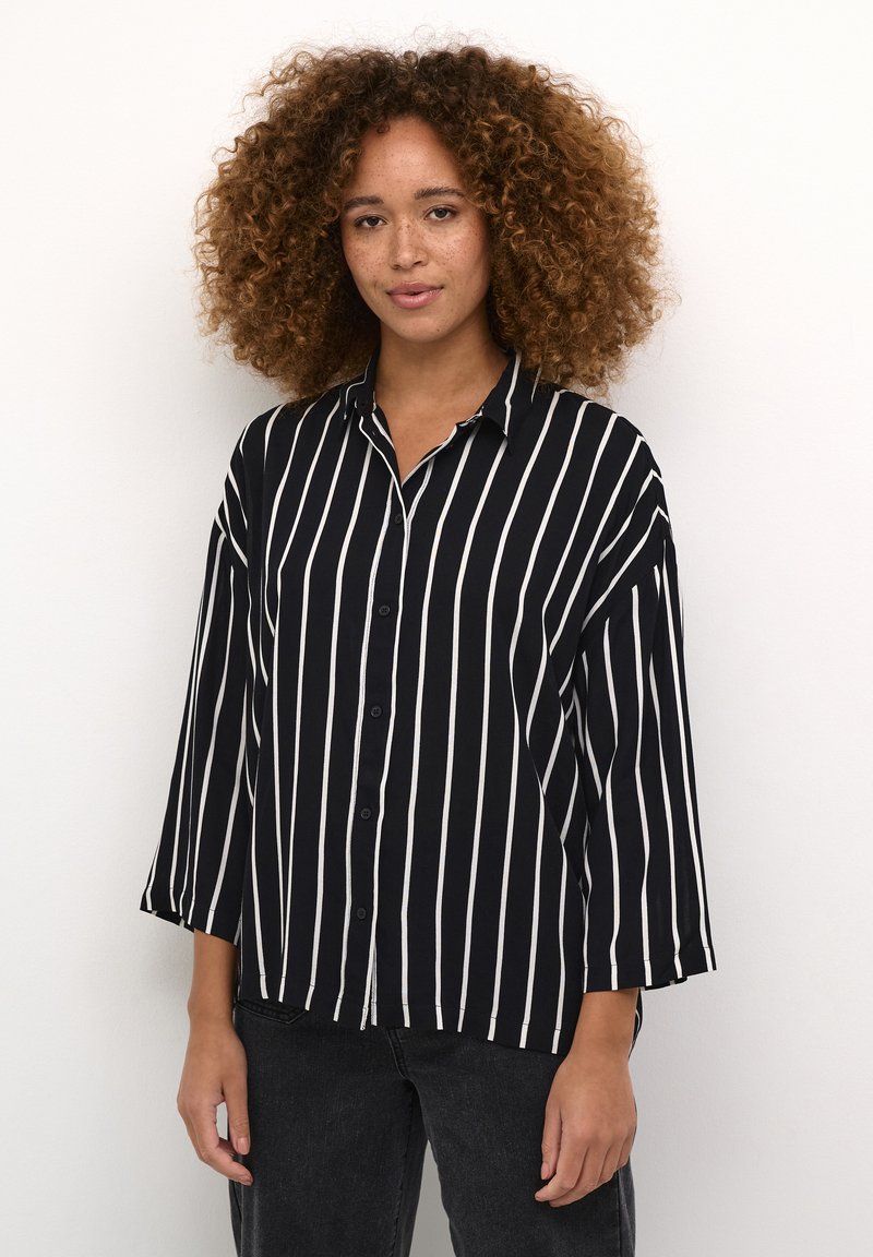 Schwarz-weiß gestreifte Button-Up-Hemd mit Kragen, langen Ärmeln und lockerer Passform, kombiniert mit dunklen Jeans.
