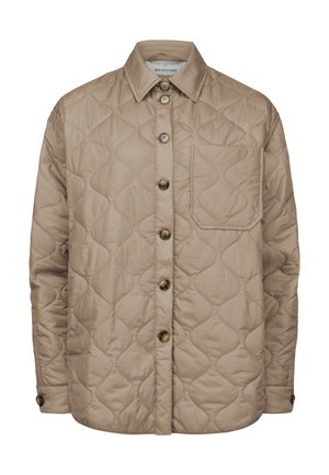 Quilted beige jacket featuring a button-up front, pointed collar, and a chest pocket. Made of smooth fabric with a subtle diamond pattern.