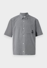 Short-sleeved button-up shirt in black and white check pattern, featuring a chest pocket and embroidered seahorse detail. Cotton material.