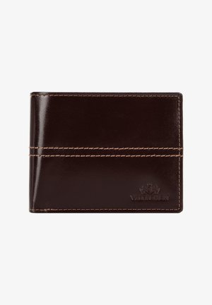 Brown leather wallet with a smooth texture, featuring contrasting beige stitching and an embossed logo. Rectangular shape, compact design.