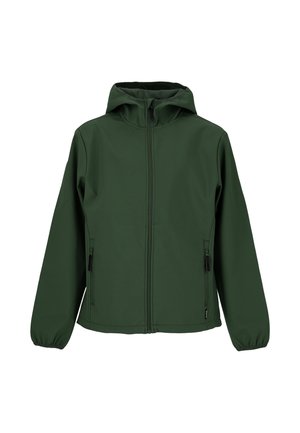 Donkergroene jas met capuchon, voorrits en ritszakken aan de zijkant, met elastische manchetten en een eenvoudig, glad ontwerp.