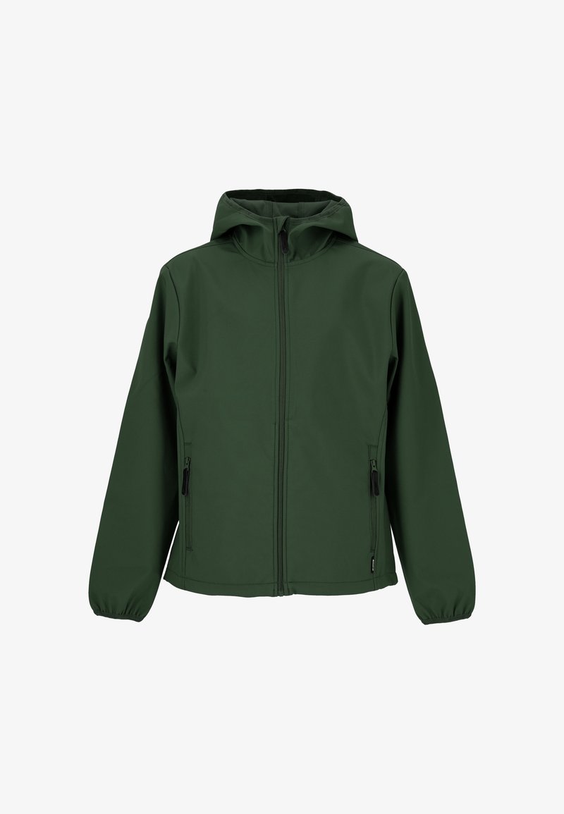 Veste à capuche vert foncé avec fermeture éclair à l'avant et poches latérales zippées, dotée de poignets élastiques et d'un design simple et épuré.