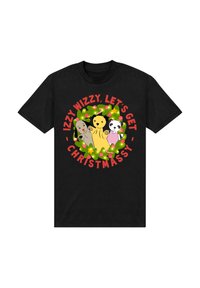 Černé bavlněné tričko s barevným grafickým motivem tří kreslených zvířat a textem: "IZZY WIZZY, Pojďme slavit Vánoce."