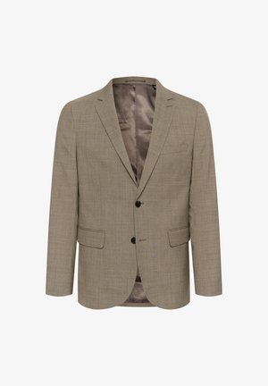 Gaišbrūns žakets ar strukturētu rakstu, vienrindas dizains, divas priekšējās kabatas un gluda iekšējā odere.