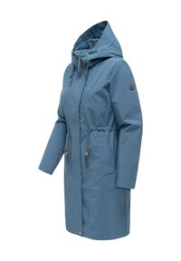 Blauer Regenmantel für Damen mit Kapuze, verstellbarer Taille und Fronttaschen, ausgestattet mit Kordelzügen zum Verstellen und einem hohen Kragen.