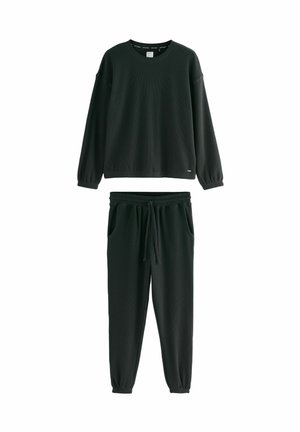 Schwarzes, strukturiertes Sweatshirt- und Hosen-Set. Das Sweatshirt hat lange Ärmel und einen runden Ausschnitt; die Hose hat einen elastischen Bund und Bündchen.