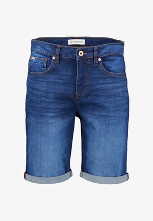 Ciemnoniebieskie, zwinięte szorty dżinsowe z przednimi i małą kieszonką oraz zapięciem na guzik, z metką Lindbergh na pasku.