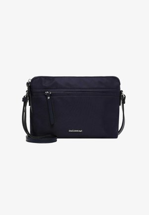 Kompakte dunkelblaue Umhängetasche mit vorderer Reißverschlusstasche, verstellbarem Riemen und silbernem "EMILY & NOAH"-Logo in der Mitte vorne.