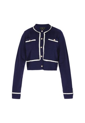 Navy blue cropped jacket in soft fabric, featuring a white trim, gold buttons, and two front pockets with flaps.