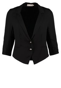 Blazer noir au design ajusté, manches trois-quarts et deux fermetures à boutons argentés. Tissu lisse avec une coupe sur mesure et sans motifs visibles.