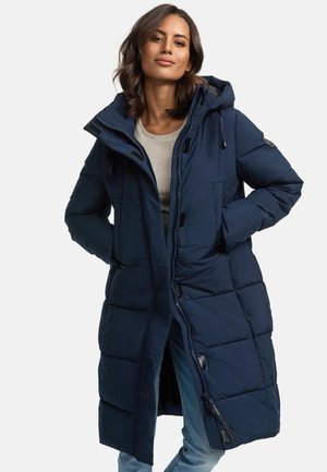 Navy blue puffer coat with a hood, adjustable drawstrings, front zipper, large pockets, and quilted texture for insulation.
