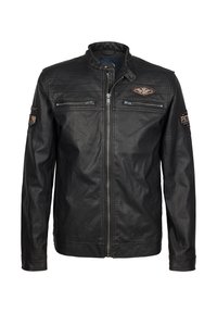 Schwarze Lederjacke mit einem Reißverschluss vorne, Stehkragen und gesteppten Akzenten. Verfügt über zwei Reißverschlusstaschen auf der Brust und gestickte Patches.